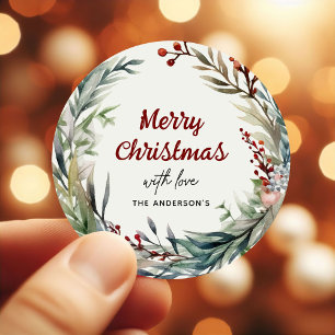 Sticker Rond Couronne de Noël à l'aquarelle avec amour de