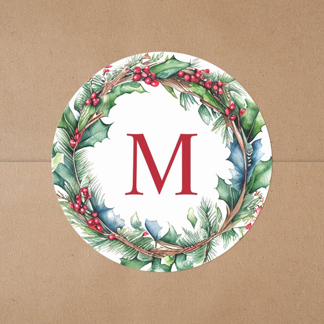 Sticker Rond Couronne de Noël à monogramme rouge élégant (Créateur téléchargé)