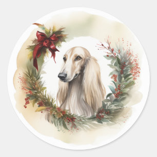 Sticker Rond Couronne de Noël Afghan Hound Chien de fête