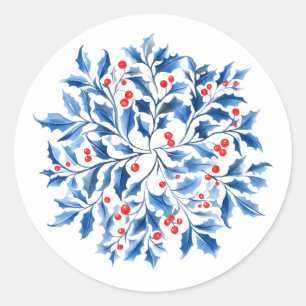 Sticker Rond Couronne de Noël aux baies de houx bleu