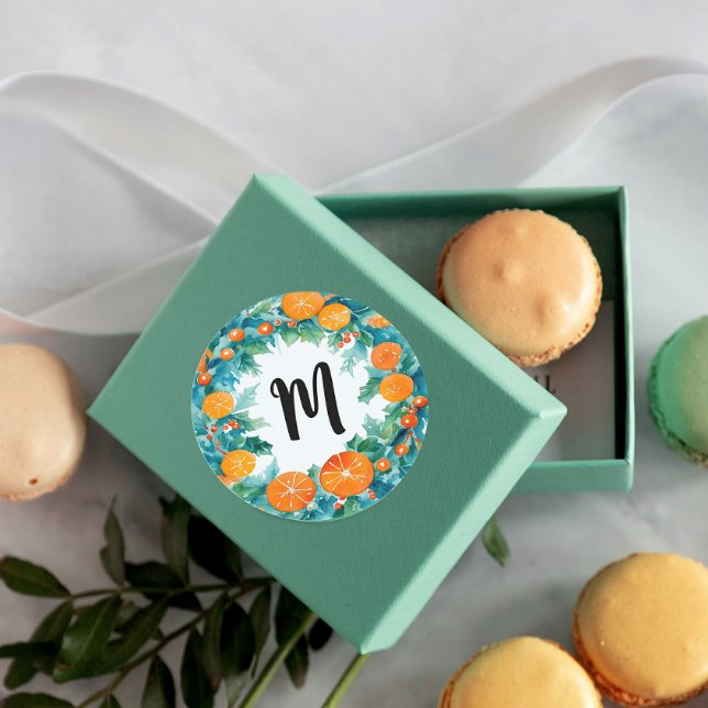Sticker Rond Couronne de Noël avec oranges mignonne Monogramme  (Créateur téléchargé)