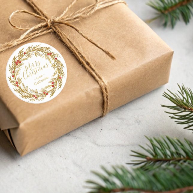 Sticker Rond Couronne de Noël Baie de Pin Rouge Or Nom de Famil (Créateur téléchargé)