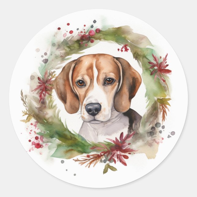 Sticker Rond Couronne de Noël Beagle Chien de fête (Devant)