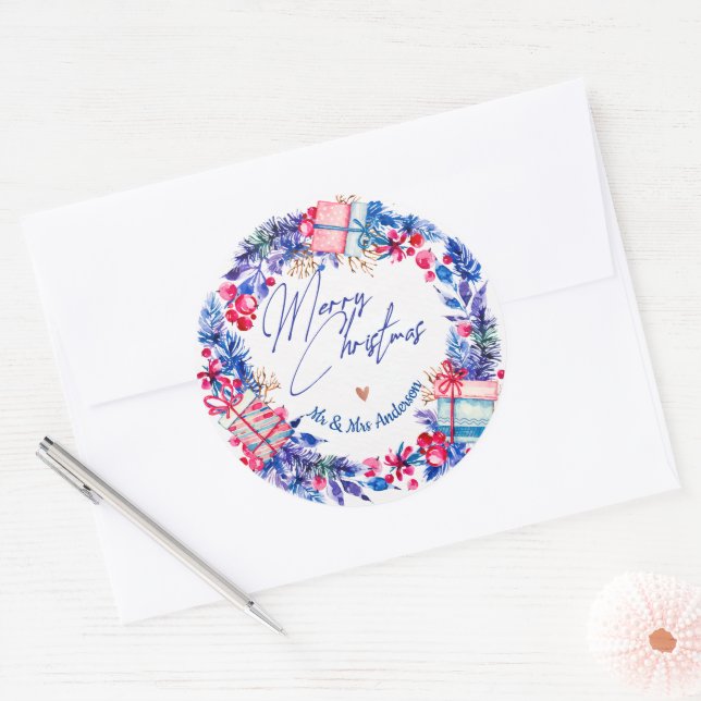 Sticker Rond Couronne de Noël bleue rouge (Enveloppe)