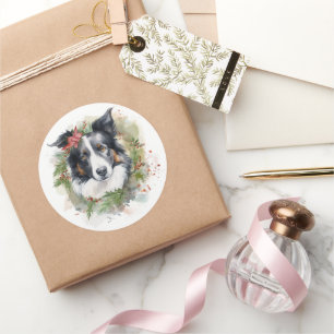Sticker Rond Couronne de Noël Border Collie Chien de fête