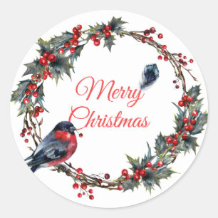 Sticker Rond Couronne de Noël Bulfinch Baies Gui Fêtes