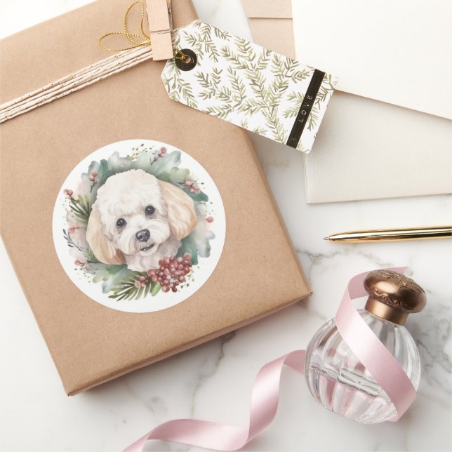 Sticker Rond Couronne de Noël Caniche Chien de fête (Cadeaux)