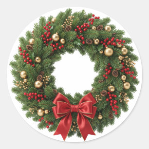 Sticker Rond Couronne de Noël classique avec ruban rouge et dor