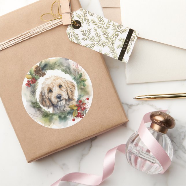 Sticker Rond Couronne de Noël Cockapoo Chien de fête (Cadeaux)