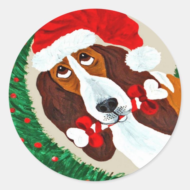 Sticker Rond Couronne de Noël de Basset Hound (Devant)