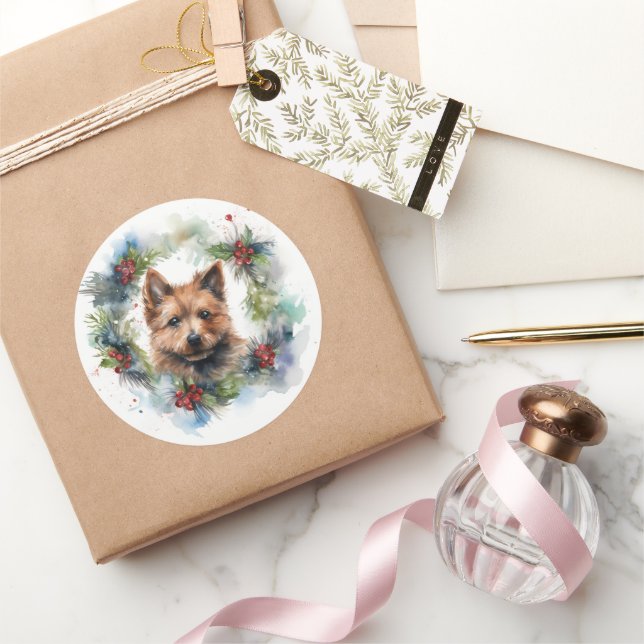 Sticker Rond Couronne de Noël de Terrier Australien Chien de fê (Cadeaux)