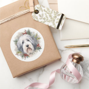 Sticker Rond Couronne de Noël de Vieux Chien de Berger Anglais 