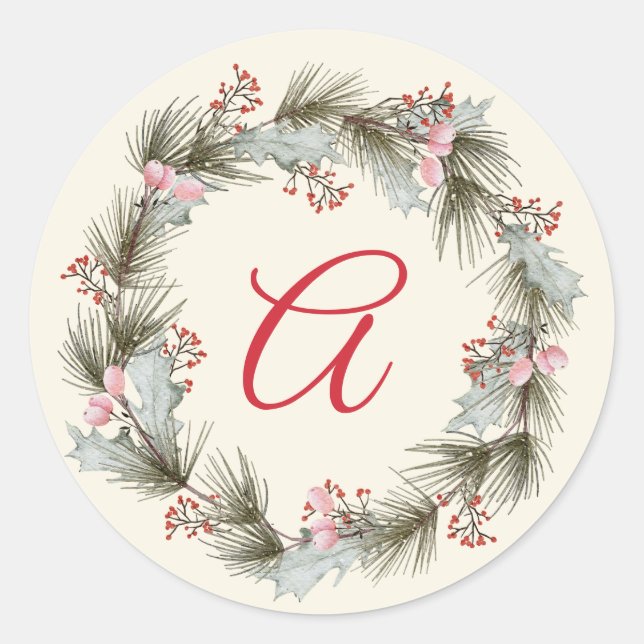 Sticker Rond Couronne de Noël élégante avec monogramme pour pho (Devant)
