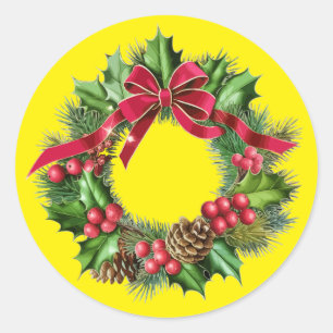 Sticker Rond Couronne de Noël élégante avec nœud rouge, houx et