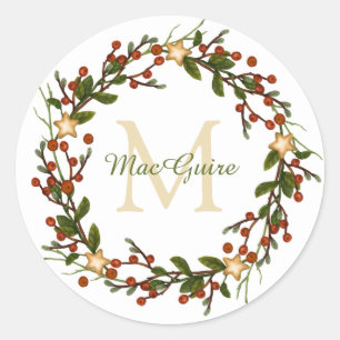 Sticker Rond Couronne de Noël élégante Monogramme Initial Class