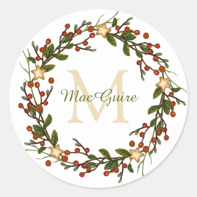 Sticker Rond Couronne de Noël élégante Monogramme Initial Class (Devant)