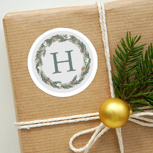 Sticker Rond Couronne de Noël élégante verte grise monogramme