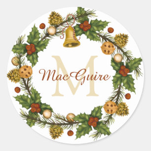 Sticker Rond Couronne de Noël élégante vintage monogrammée