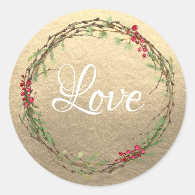 Sticker Rond Couronne de Noël en or Amour (Devant)