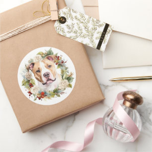 Sticker Rond Couronne de Noël festive American Staffordshire