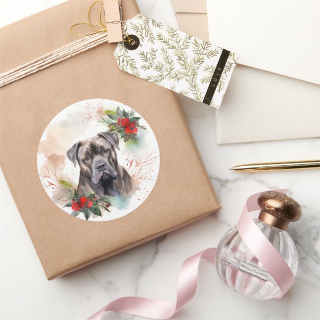 Sticker Rond Couronne de Noël festive de Cane Corso (Cadeaux)
