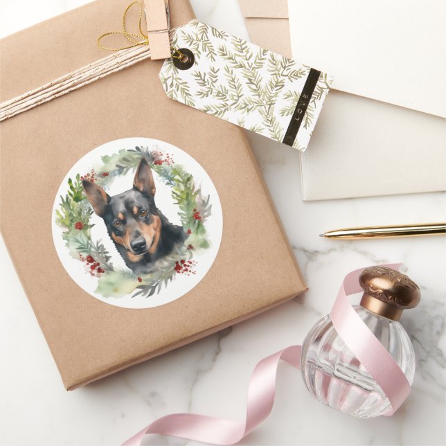 Sticker Rond Couronne de Noël festive de Kelpie australien (Cadeaux)