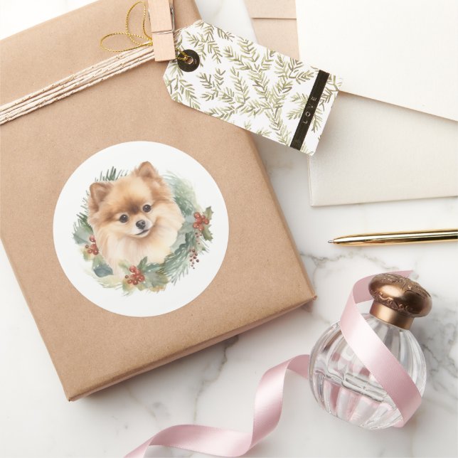 Sticker Rond Couronne de Noël festive de Pomeranian (Cadeaux)