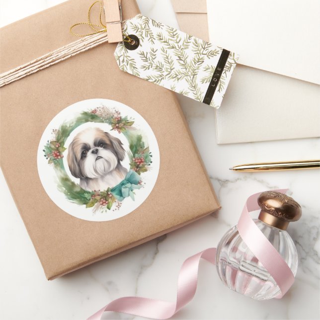 Sticker Rond Couronne de Noël festive de Shih Tzu (Cadeaux)