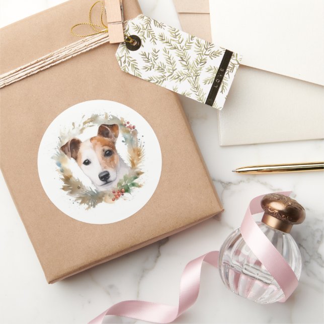 Sticker Rond Couronne de Noël festive Jack Russell Pup (Cadeaux)
