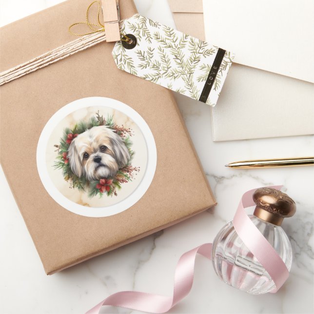 Sticker Rond Couronne de Noël festive Lhasa Apso (Cadeaux)
