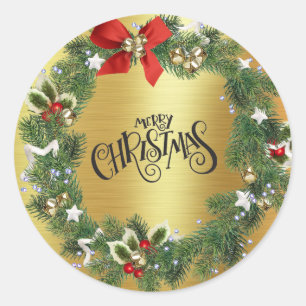 Sticker Rond Couronne de Noël - Feuille d'or - Joyeux Noël