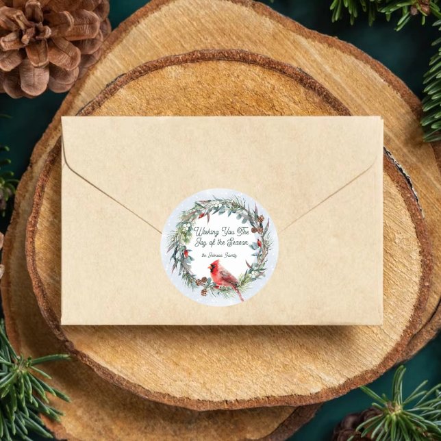 Sticker Rond Couronne de Noël forestière, Cardinal, Flocons de  (Créateur téléchargé)