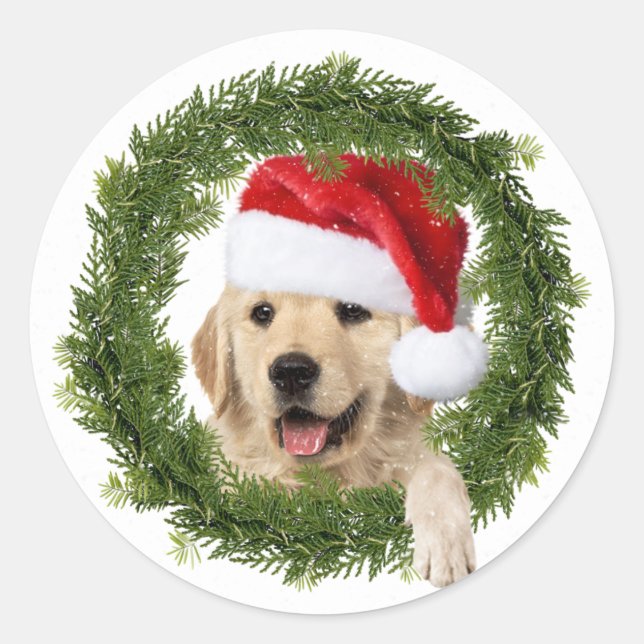 Sticker Rond Couronne de Noël Golden Retriever (Devant)