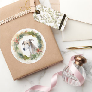 Sticker Rond Couronne de Noël Greyhound Puppy Festif
