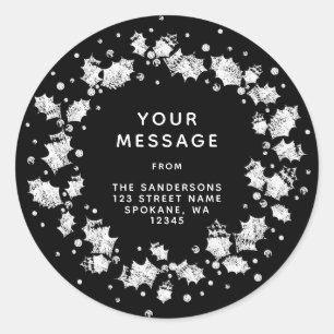 Sticker Rond Couronne de Noël houx noir et blanc Adresse de ret