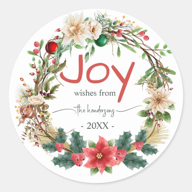 Sticker Rond Couronne de Noël  Joie Rouge Typographie Rustique  (Devant)