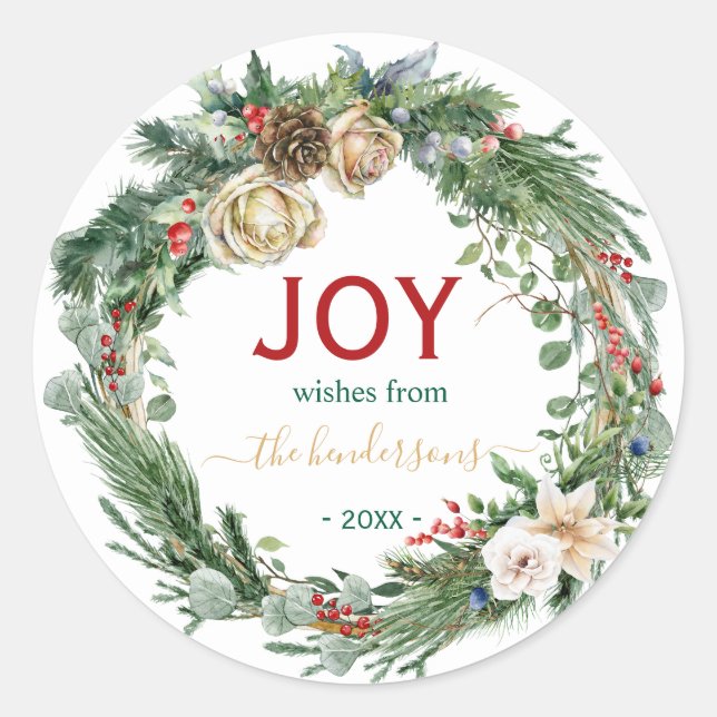 Sticker Rond Couronne de Noël Joy écrite à la main  (Devant)