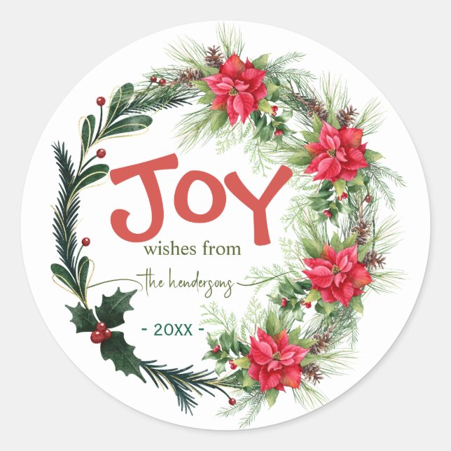 Sticker Rond Couronne de Noël Joy écriture manuscrite Nom  Roug (Devant)