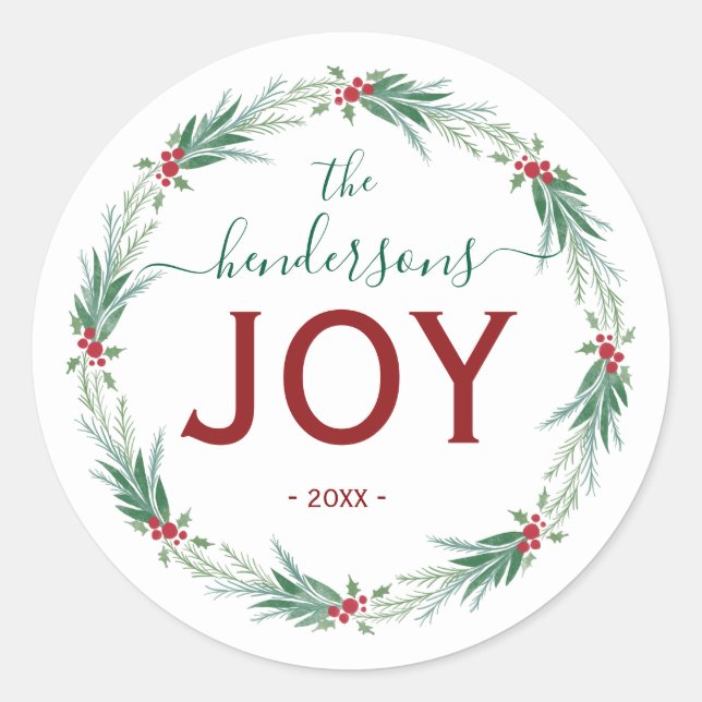 Sticker Rond Couronne de Noël Joy Nom Écriture Manuscrite (Devant)