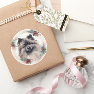 Sticker Rond Couronne de Noël Keeshond Chien de fête
