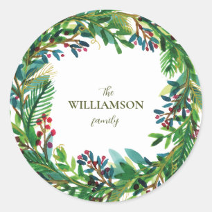 Sticker Rond Couronne de Noël Nom de famille de vacances Holi