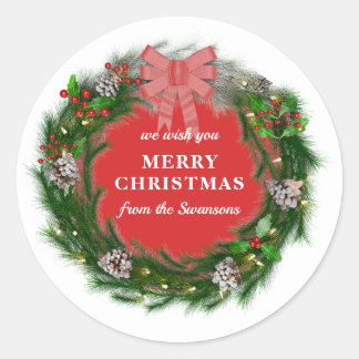 Sticker Rond Couronne de Noël personnalisée au nom de famille