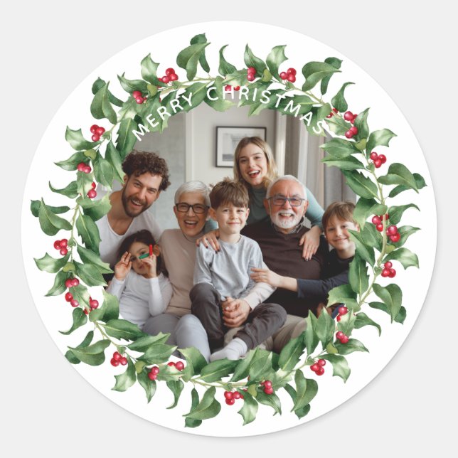 Sticker Rond Couronne de Noël personnalisée avec photo Joyeux N (Devant)