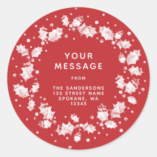 Sticker Rond Couronne de Noël Rouge + Blanc Holly Adresse de Re
