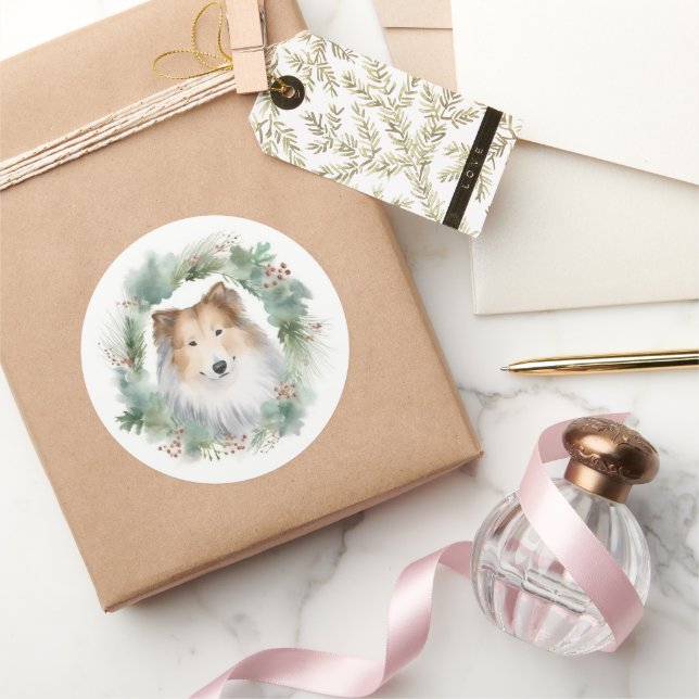 Sticker Rond Couronne de Noël Rough Collie Chien de fête (Cadeaux)