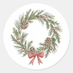 Sticker Rond Couronne de Noël rustique avec pommes de pin et nœ