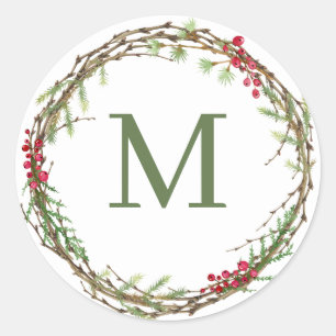 Sticker Rond Couronne de Noël rustique vert sauge avec monogram