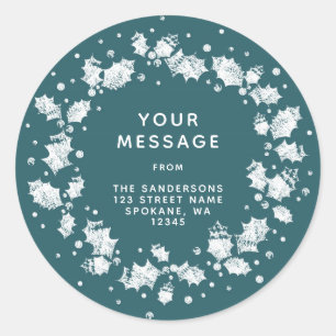 Sticker Rond Couronne de Noël verte avec houx Adresse de retour