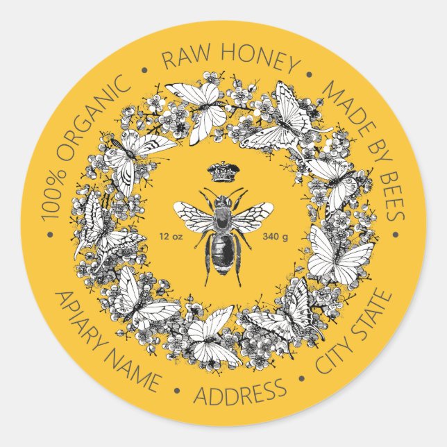 Sticker Rond Couronne de papillon abeille jaune vintage moderne (Devant)