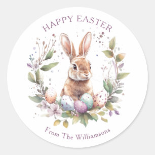 Sticker Rond Couronne de Pâques Lapin de Printemps Personnalisé